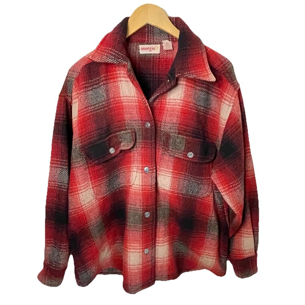 VTG 80s Red Plaid Wool Shirt Jacket Shacket Oversized Slouchy Hipster Women Sz L